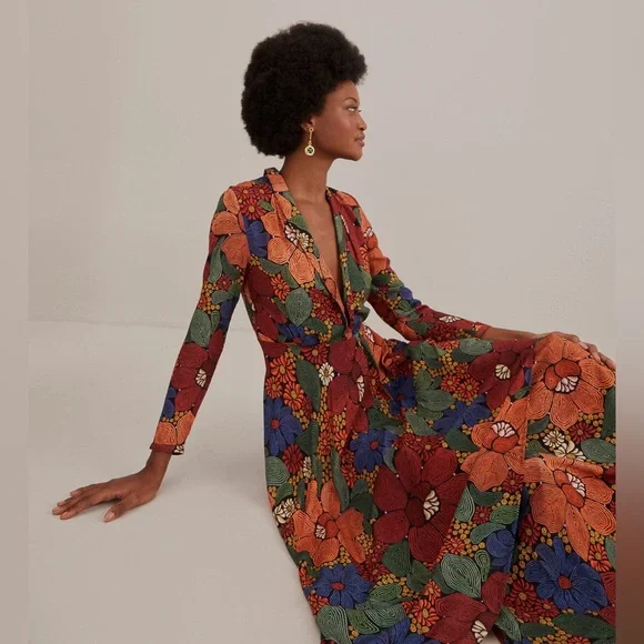 Farm Rio Black Stitched Flowers v neck maxi dress - Picture 1 of 10